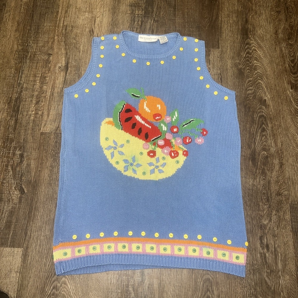 Vintage The Eagle's Eye~M~Fruit 100% Cotton Sweater Vest Knit 80s CottageCore